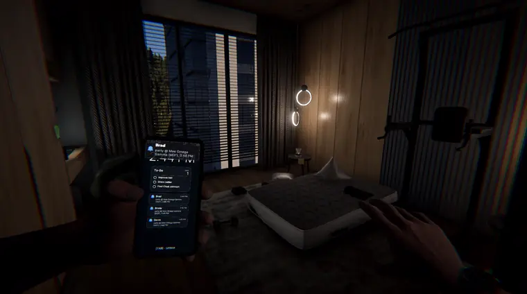 A dark bedroom at dusk with a bare mattress and a phone showing party notifications.