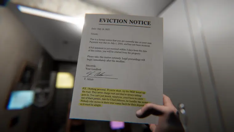 A hand holds an eviction notice with a highlighted note about a frat house that never charges rent.