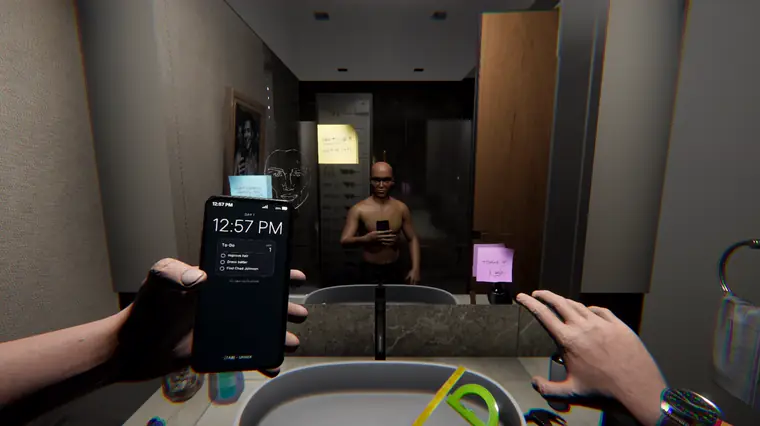 A player looks at himself in a bathroom mirror while holding a phone showing a day one to-do list.
