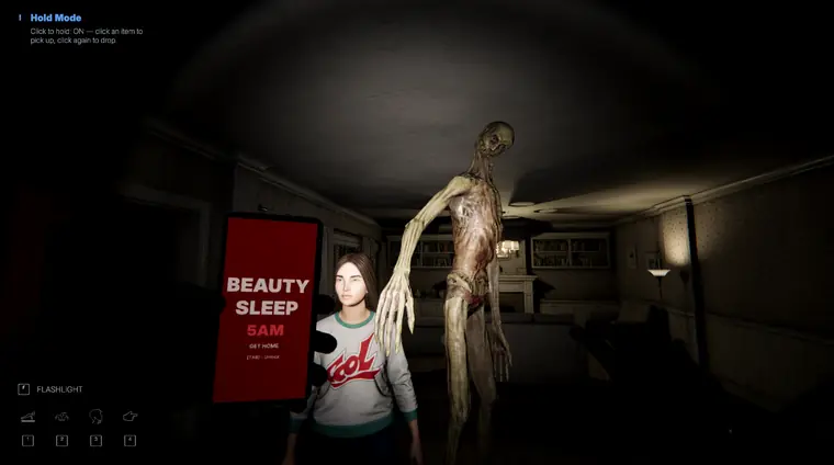 A tall pale creature stands beside a woman in a lounge while the phone screen reads beauty sleep 5AM.